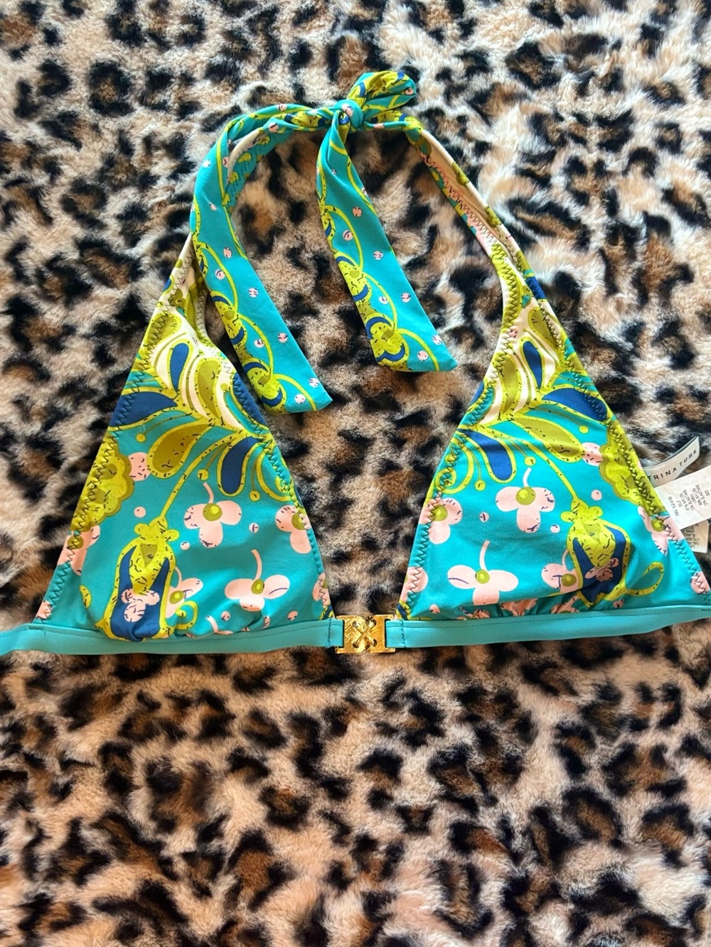 Trina Turk Turquoise Floral Halter Bikini Top with Gold Accent